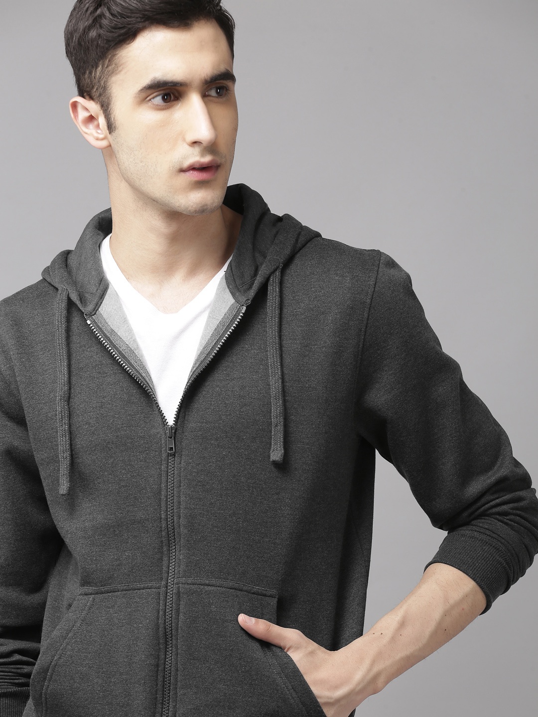 

Roadster Men Charcoal Grey Solid Hooded Sweatshirt