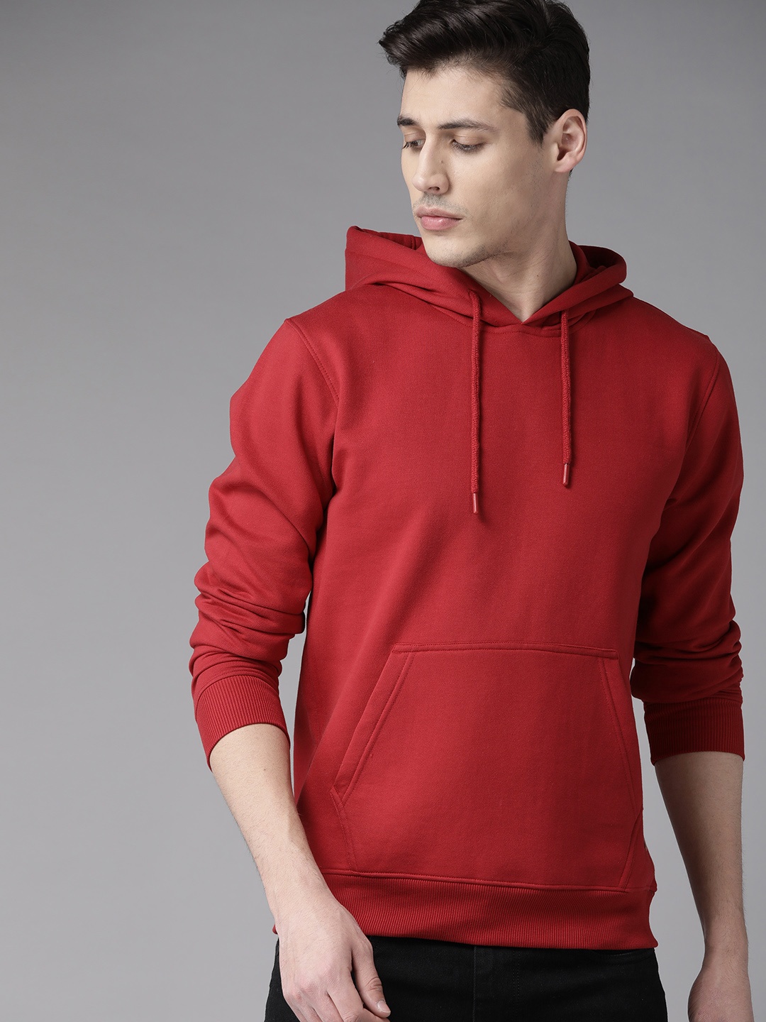 Roadster Men Red Solid Hooded Sweatshirt