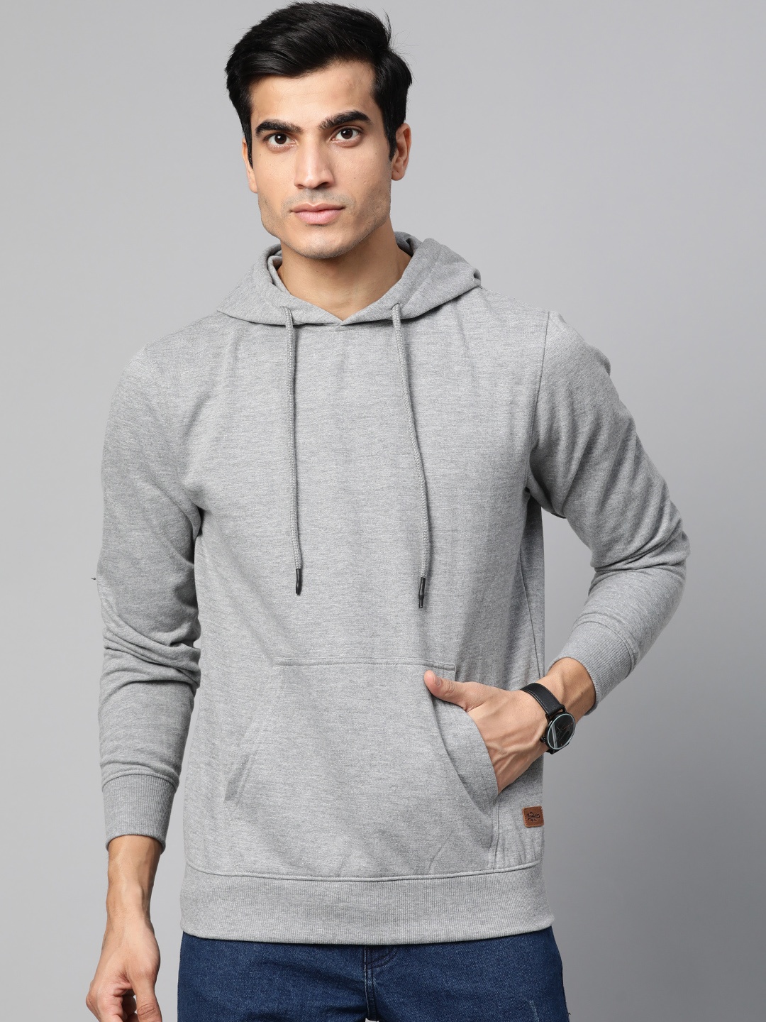 

Roadster Men Grey Melange Solid Hooded Sweatshirt