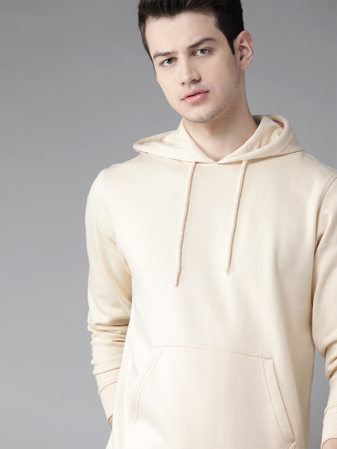 

Roadster Men Cream-Coloured Solid Hooded Sweatshirt