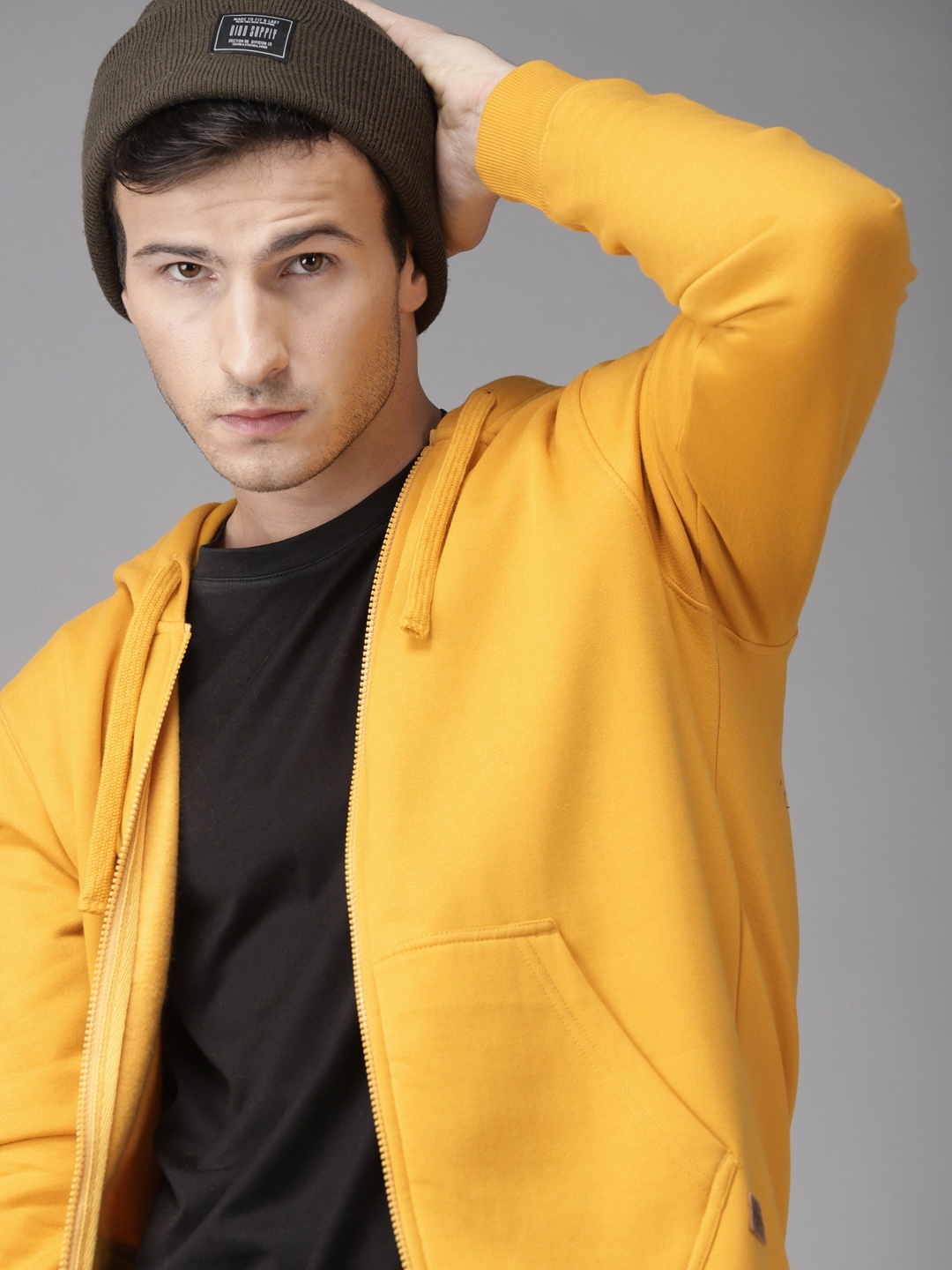 

Roadster Men Mustard Yellow Solid Hooded Sweatshirt