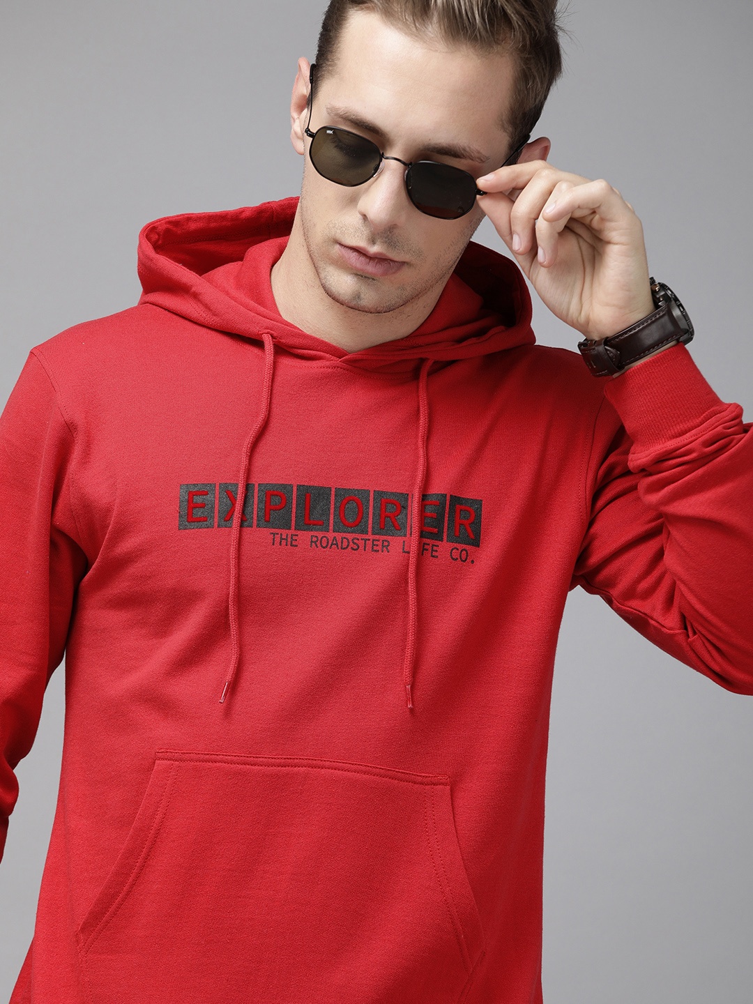 

Roadster Men Red & Charcoal Printed Hooded Sweatshirt