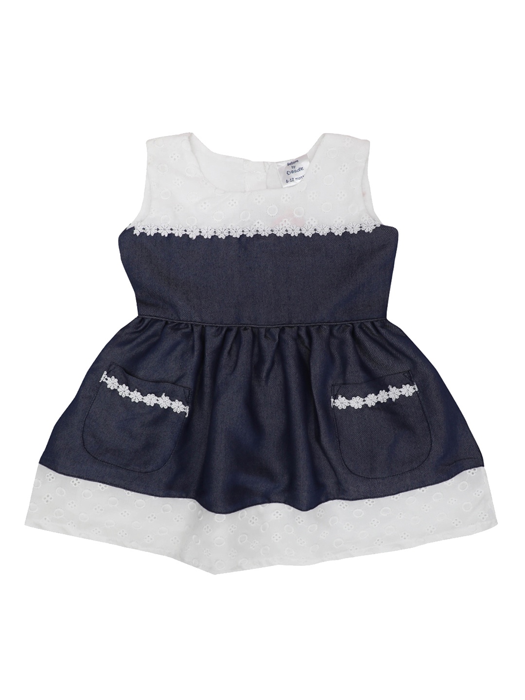 

Doodle Girls Navy Blue & White Colourblocked Fit and Flare Dress with Gathers