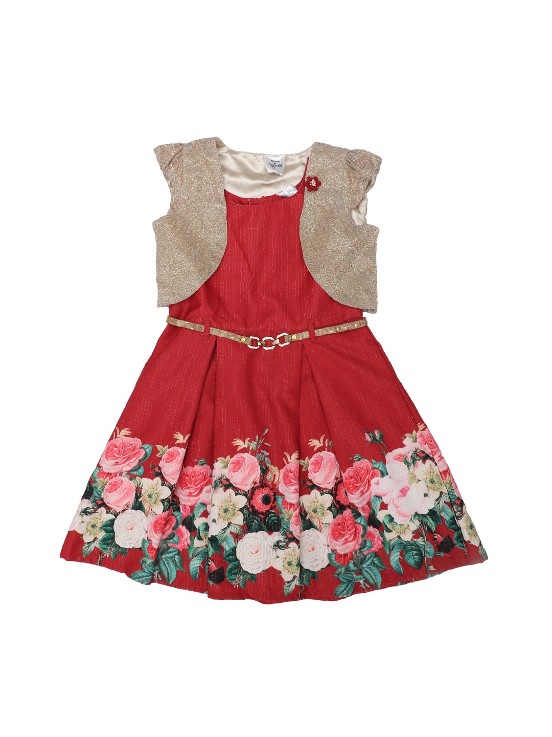 

Doodle Girls Red & Gold Floral Print Fit and Flare Dress with Shrug & Belt
