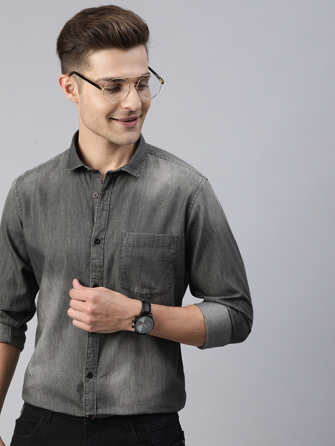 

Mast & Harbour Men Grey Slim Fit Faded Casual Denim Shirt