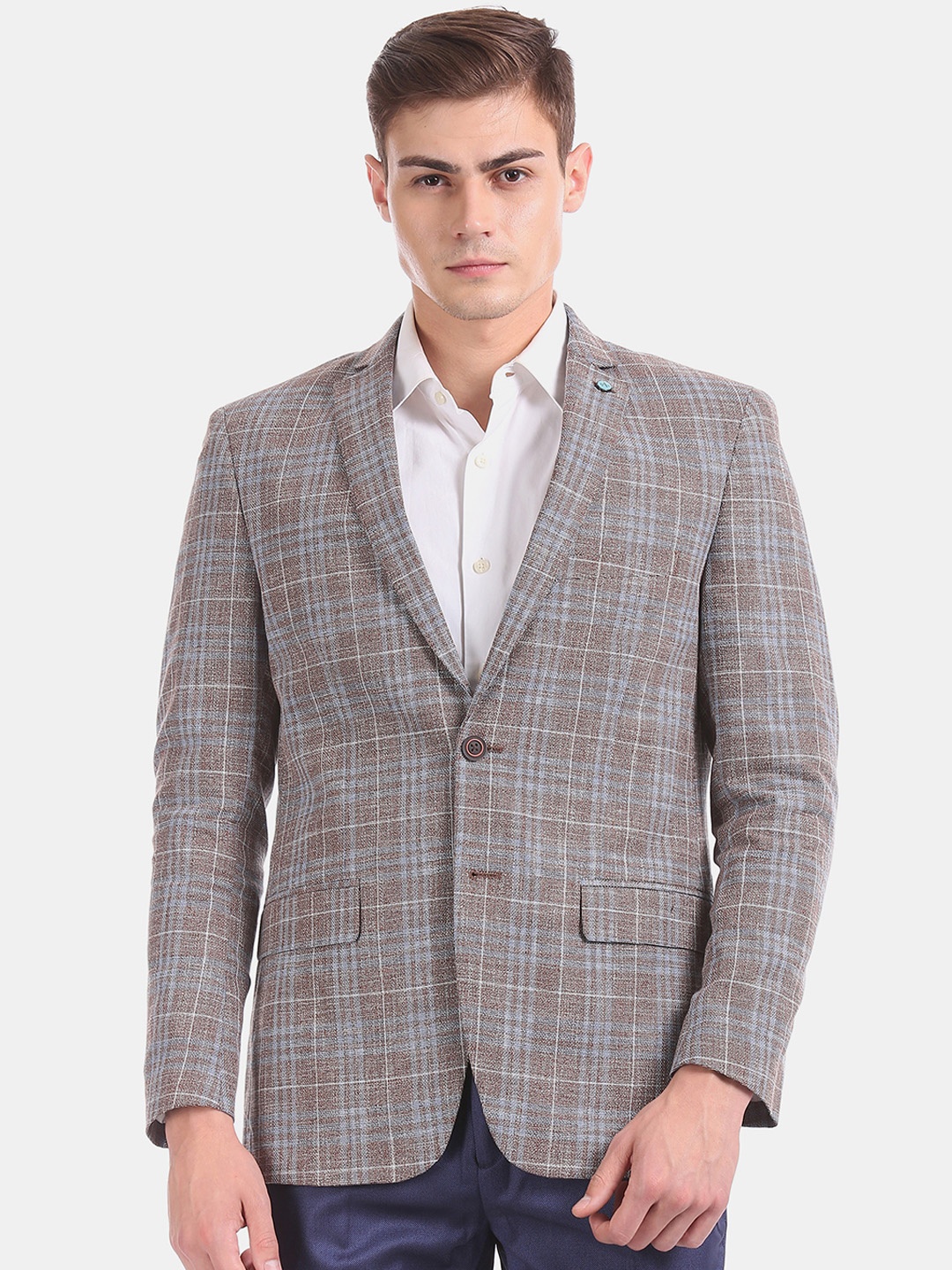 

Arrow Men Grey & Brown Checked Single-Breasted Stretch Formal Blazer