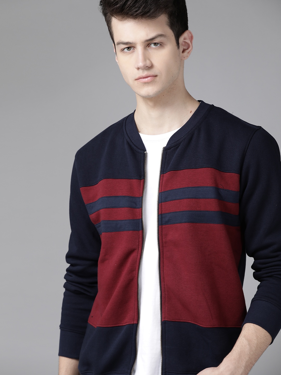 

Roadster Men Navy Blue & Maroon Colourblocked Sweatshirt