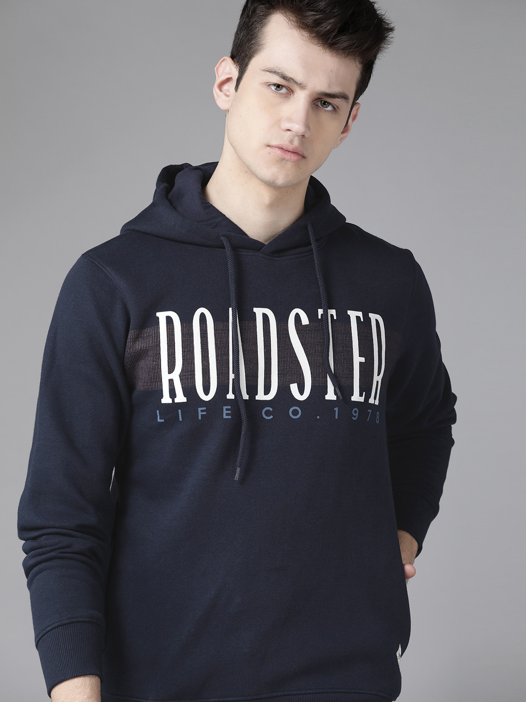 

Roadster Men Navy Blue & White Printed Hooded Sweatshirt