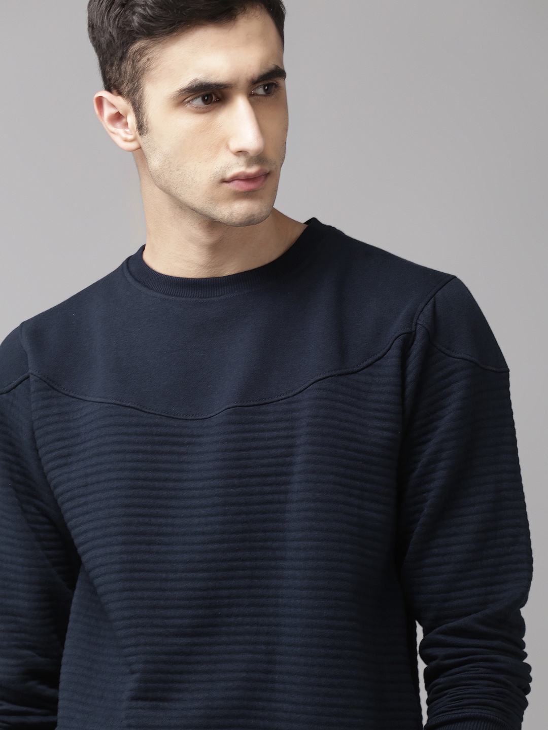 

Roadster Men Navy Blue Self-Striped Sweatshirt