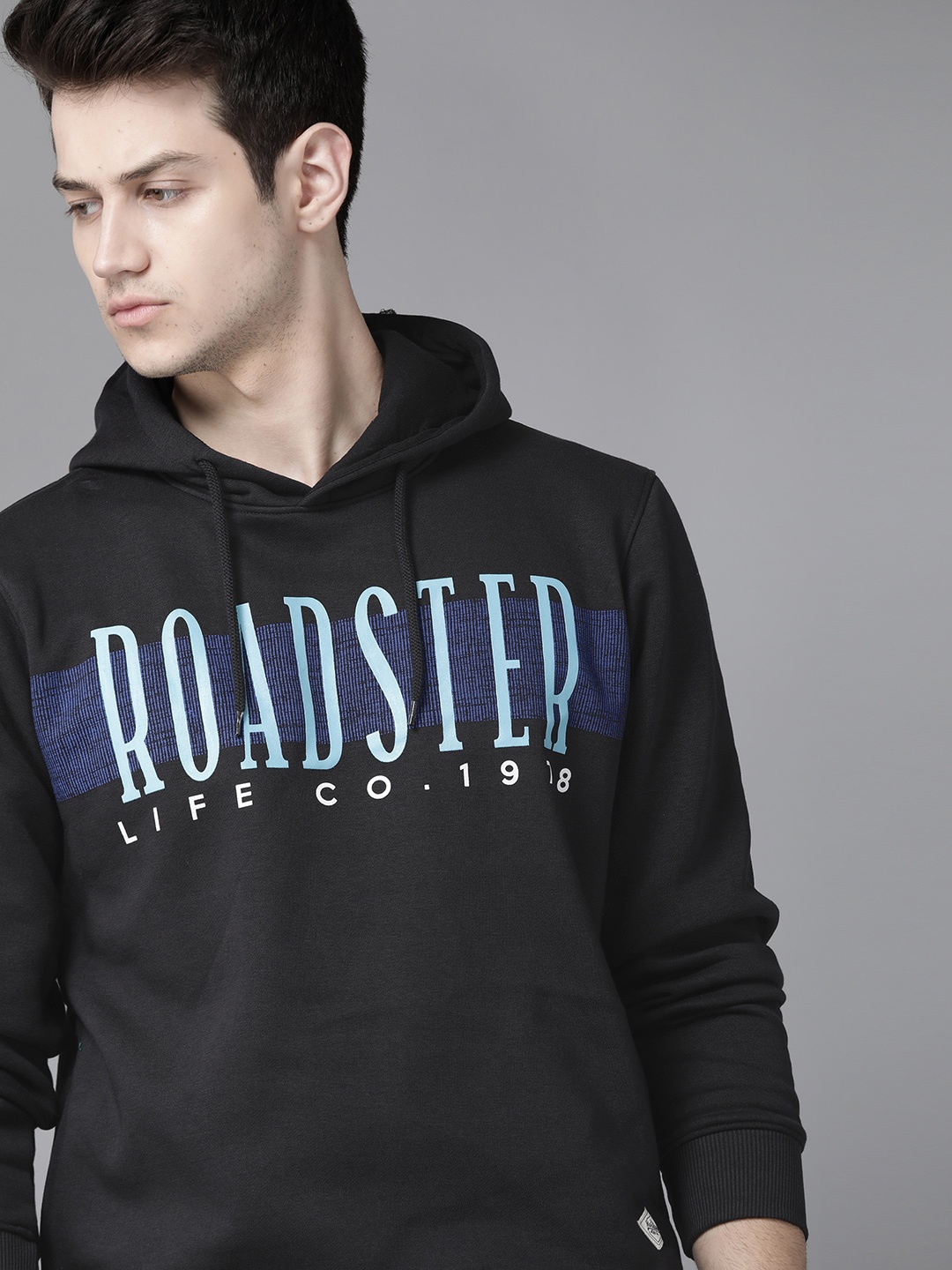 

Roadster Men Black & Blue Printed Hooded Sweatshirt