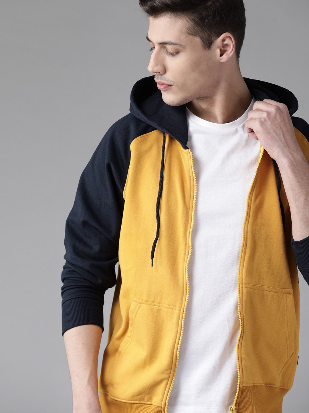 

Roadster Men Mustard Yellow & Navy Blue Solid Hooded Sweatshirt