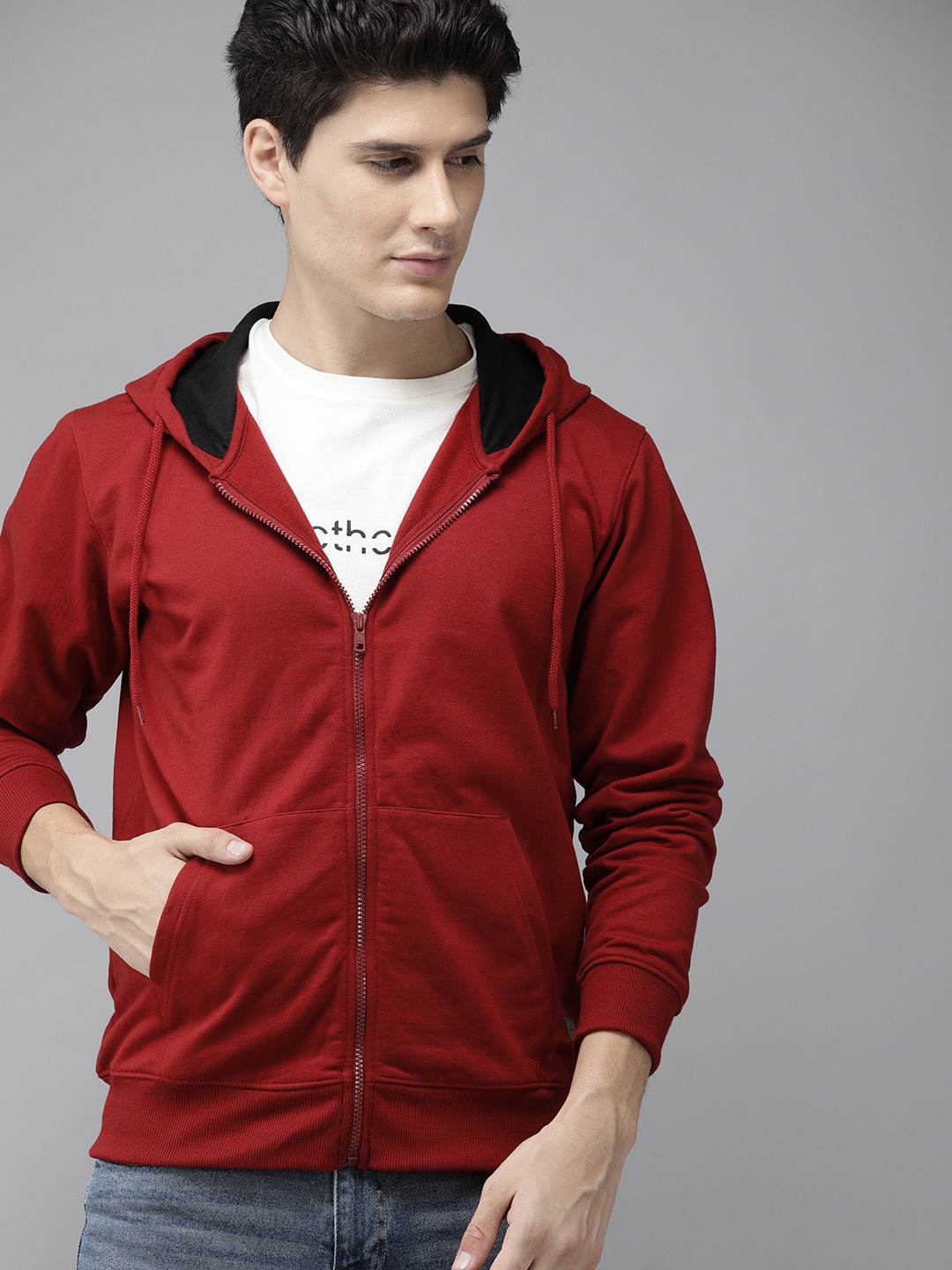 

Roadster Men Red Solid Hooded Sweatshirt