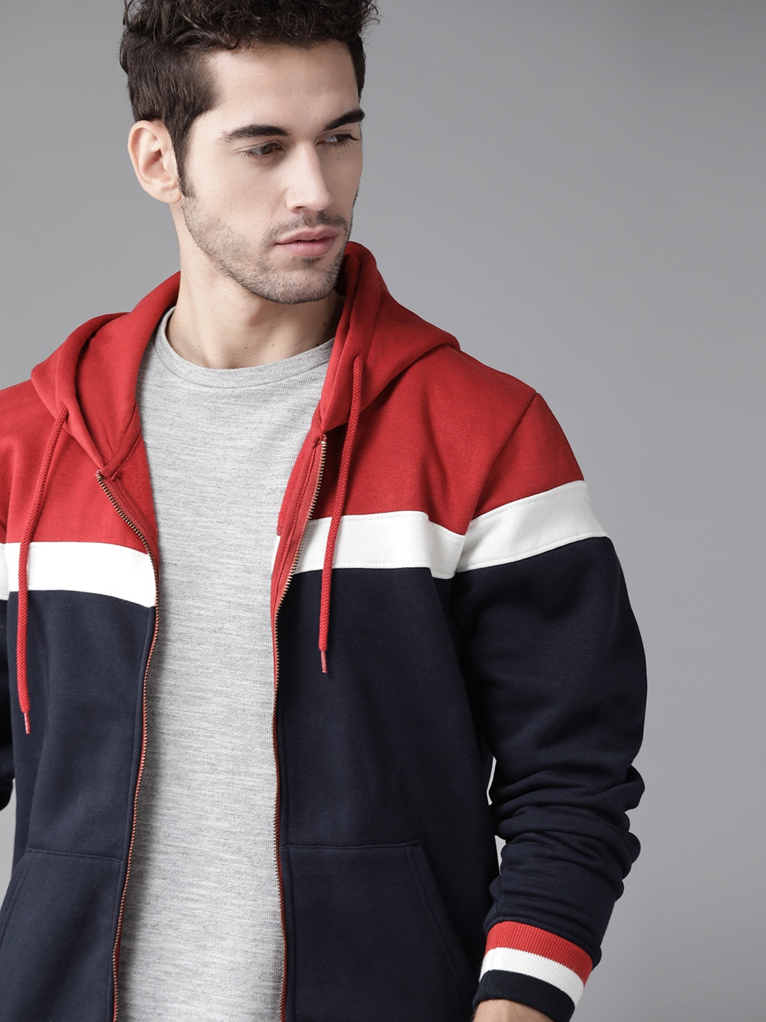 

Roadster Men Navy Blue & Red Colourblocked Hooded Sweatshirt