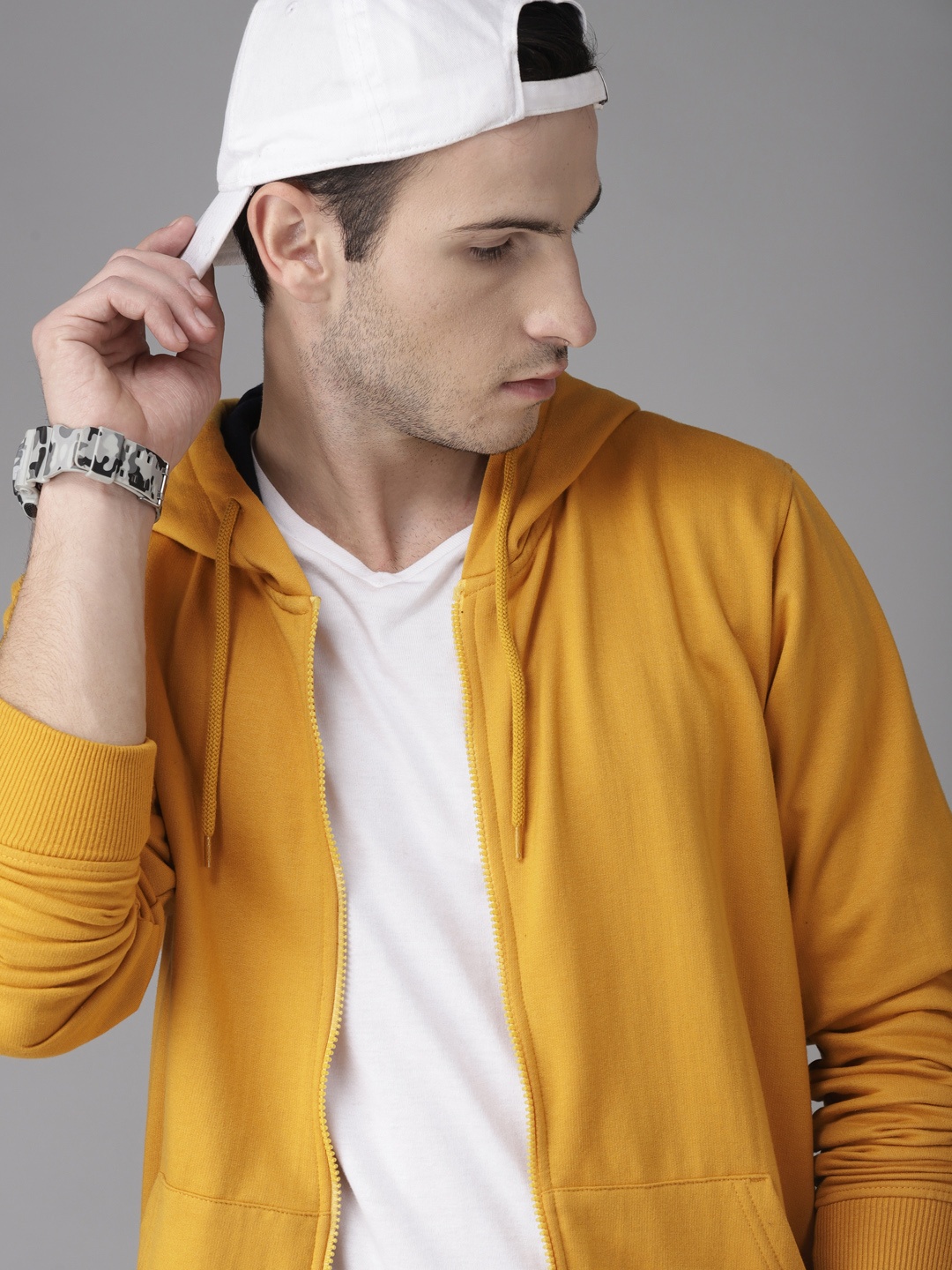 

Roadster Men Mustard Yellow Solid Hooded Sweatshirt