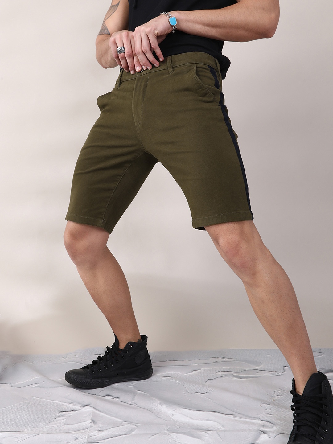 

The Indian Garage Co Men Brown Solid Slim Fit Chino Shorts with Side Stripes