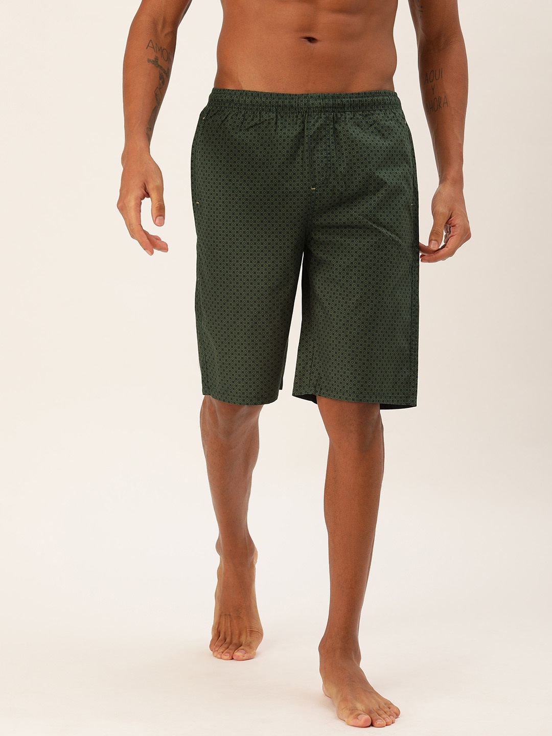 

The Indian Garage Co Men Olive Green & Navy Blue Printed Lounge Shorts