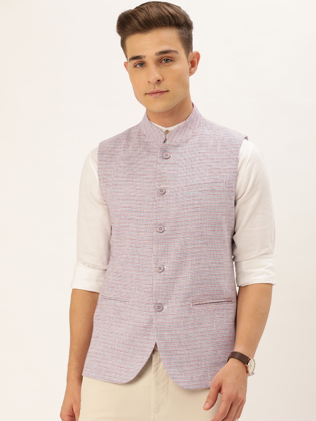 

The Indian Garage Co Men Multicoloured Self Checked Pure Cotton Nehru Jacket, Multi