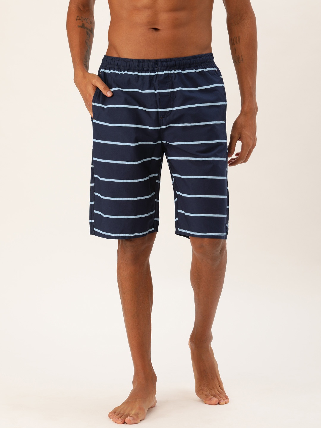 

The Indian Garage Co Men Blue Striped Lounge Shorts