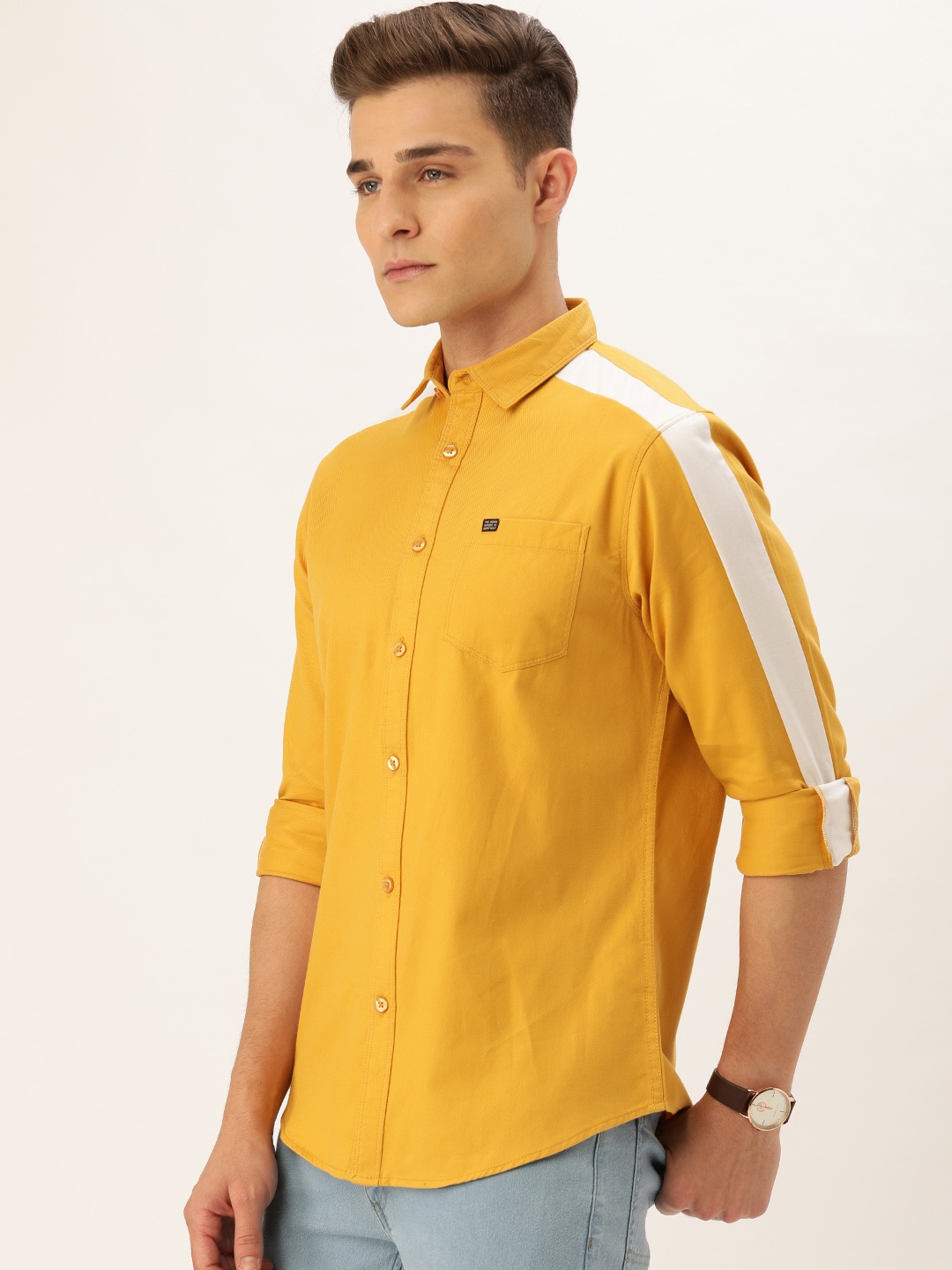 

The Indian Garage Co Men Mustard Yellow Slim Fit Solid Side Striped Casual Shirt