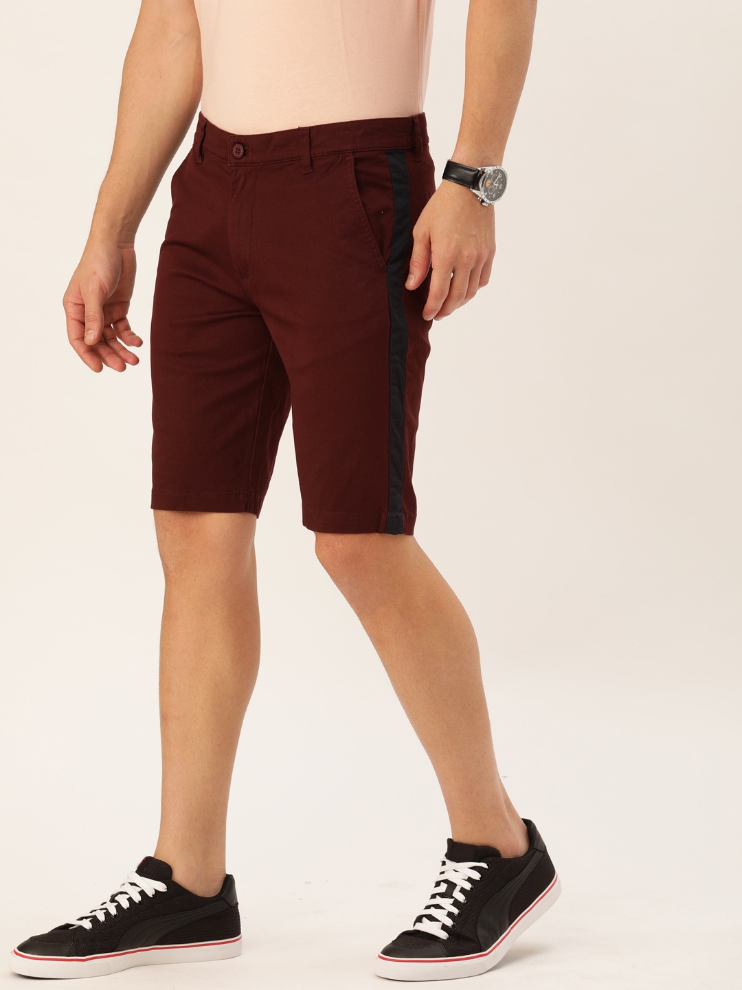 

The Indian Garage Co Men Burgundy Solid Slim Fit Chino Shorts with Side Stripe Detail