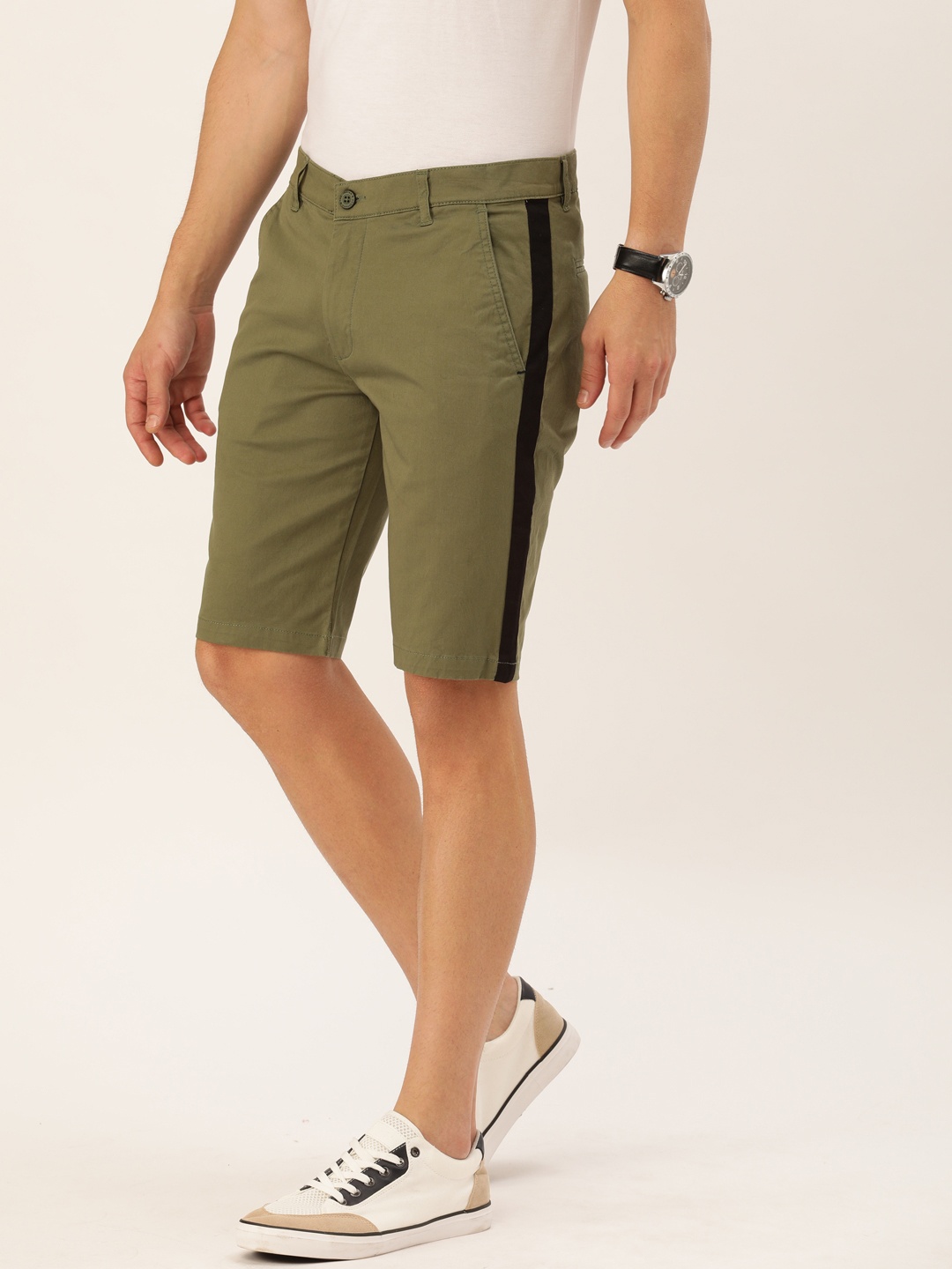 

The Indian Garage Co Men Olive Green Solid Slim Fit Chino Shorts with Side Stripes