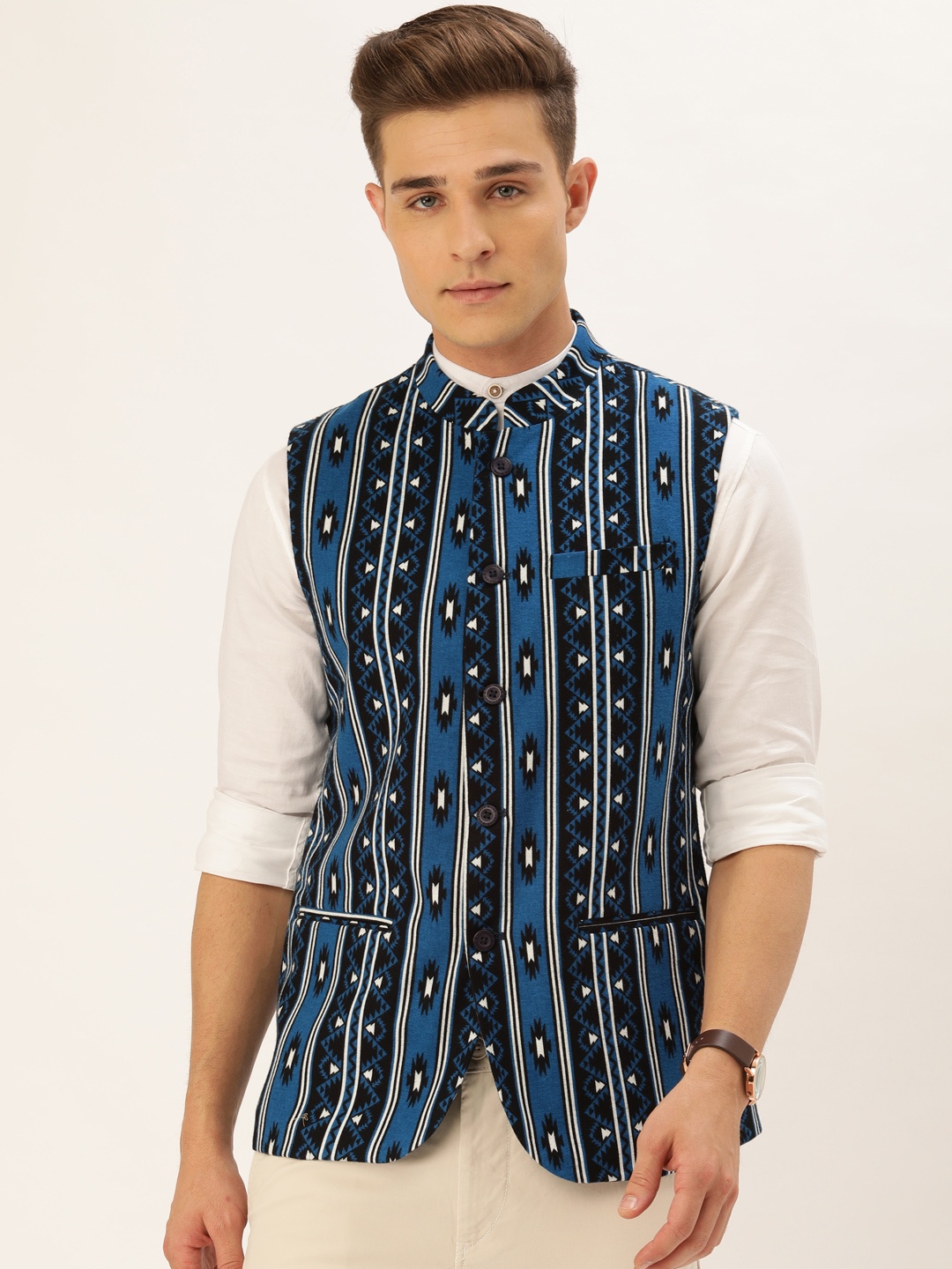 

The Indian Garage Co Men Blue & Black Printed Pure Cotton Nehru Jacket