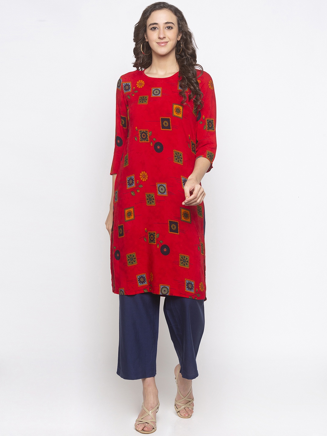 

Globus Women Red Printed Straight Kurta