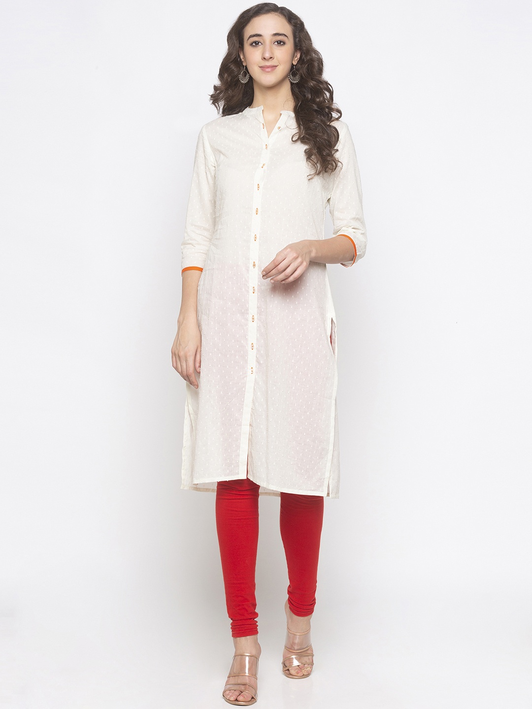

Globus Women White Woven Design Straight Kurta
