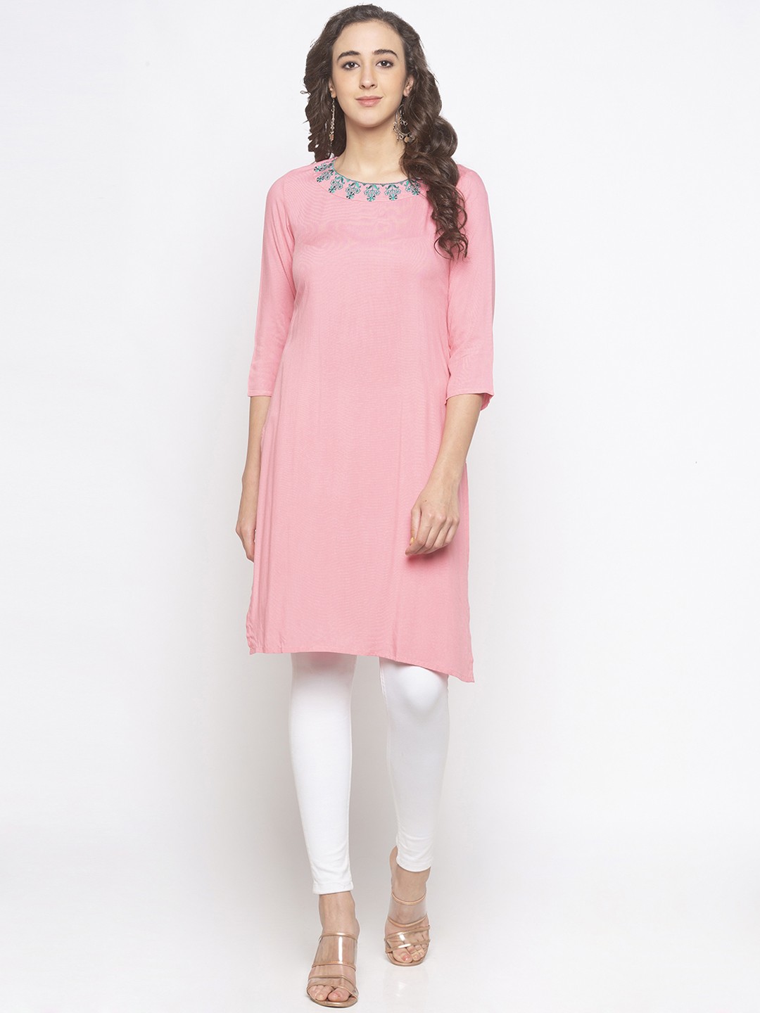 

Globus Women Pink & Grey Melange Solid Straight Kurta