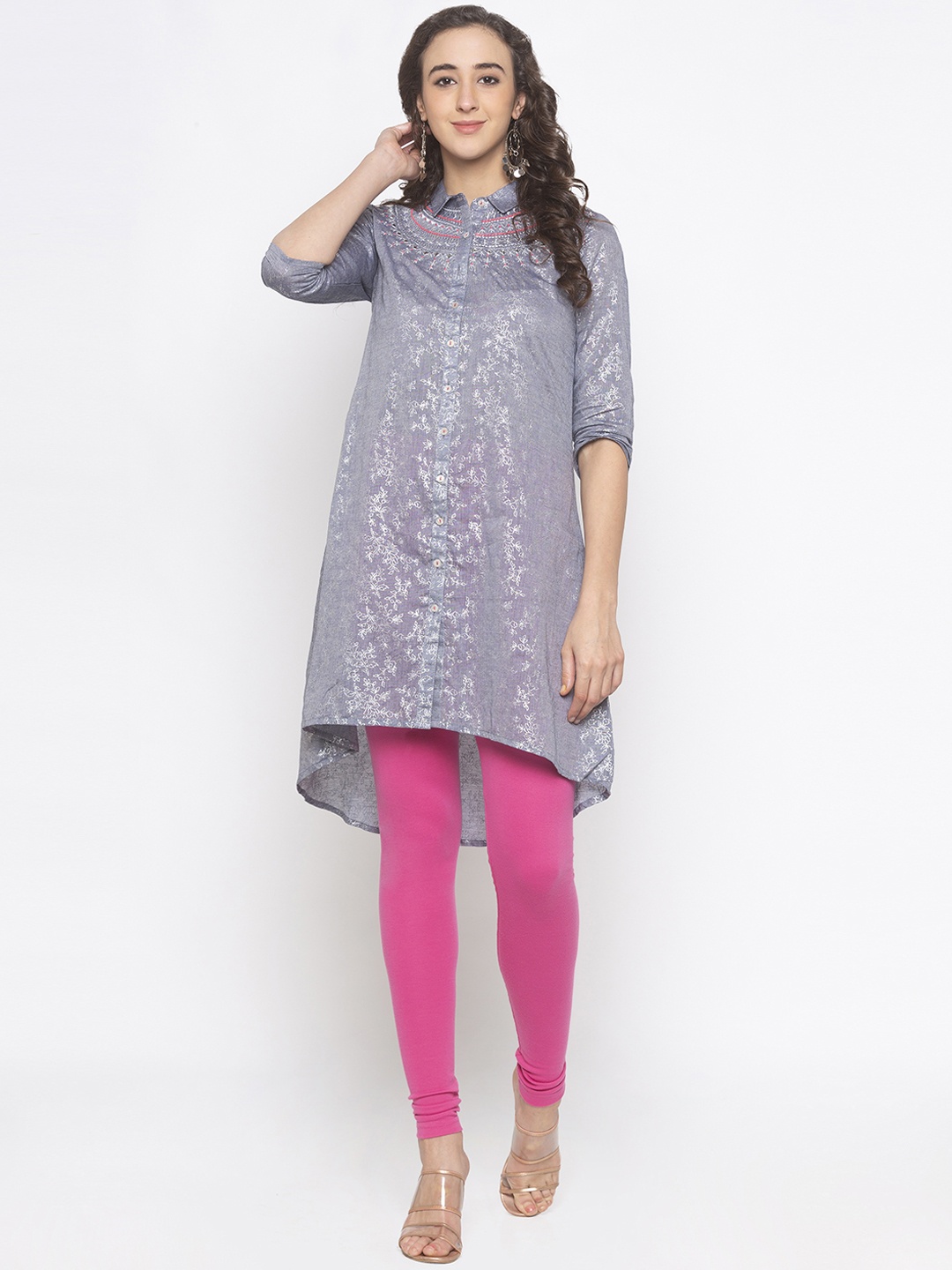 

Globus Women Grey & Silver-Toned Printed A-Line Kurta
