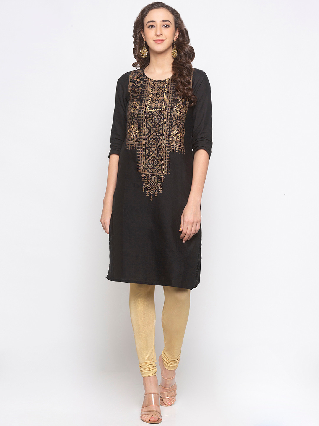 

Globus Women Black & Gold-Toned Yoke Design Straight Kurta