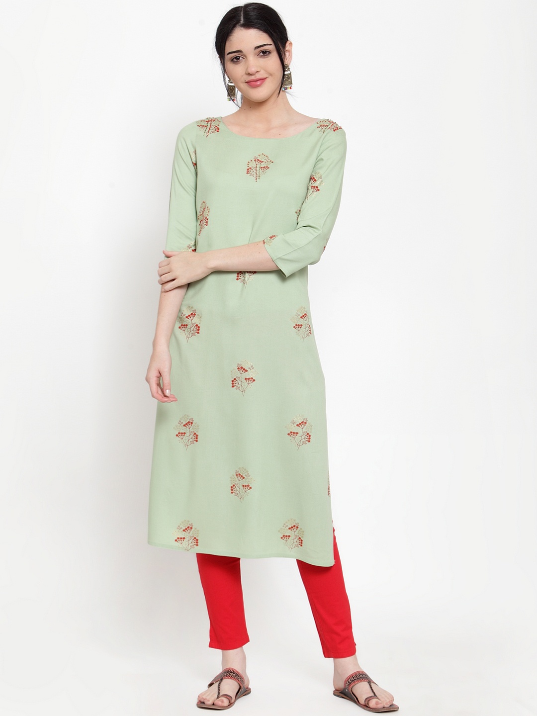 

ANAISA Women Green & Red Printed Straight Kurta