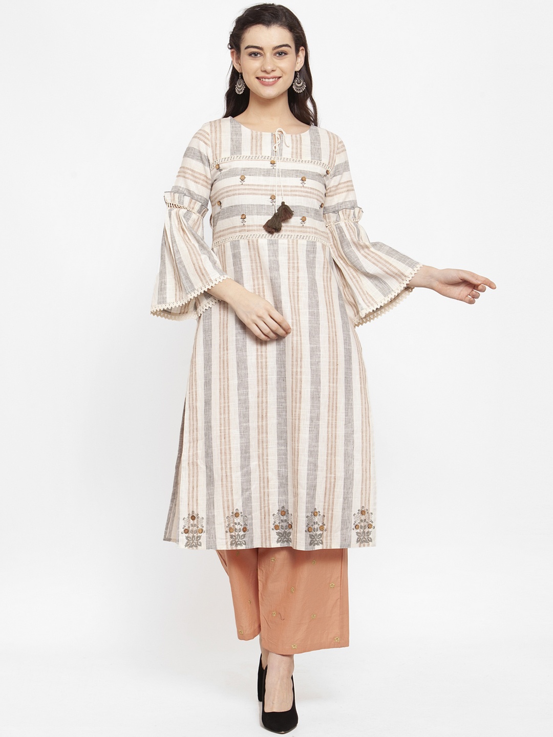 

ANAISA Women Beige & Grey Striped Straight Kurta