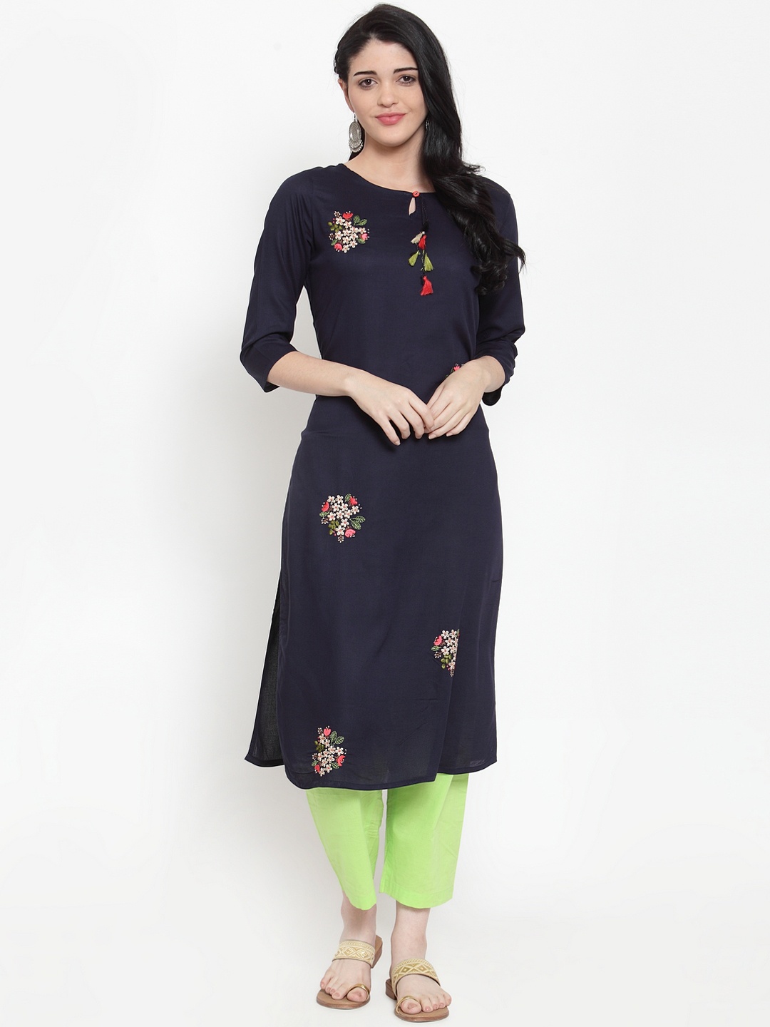 

ANAISA Women Navy Blue Embroidered Straight Kurta