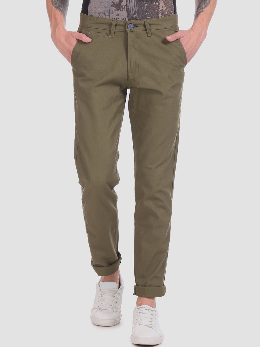 

RUF & TUF Men Olive Green Slim Fit Solid Regular Trousers
