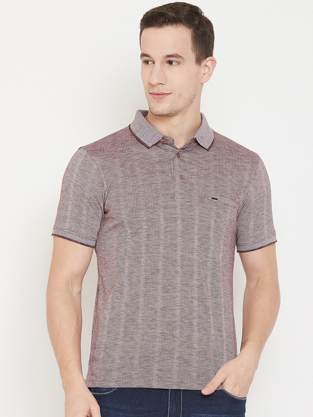 

Okane Men Maroon & White Self Design Polo Collar T-shirt