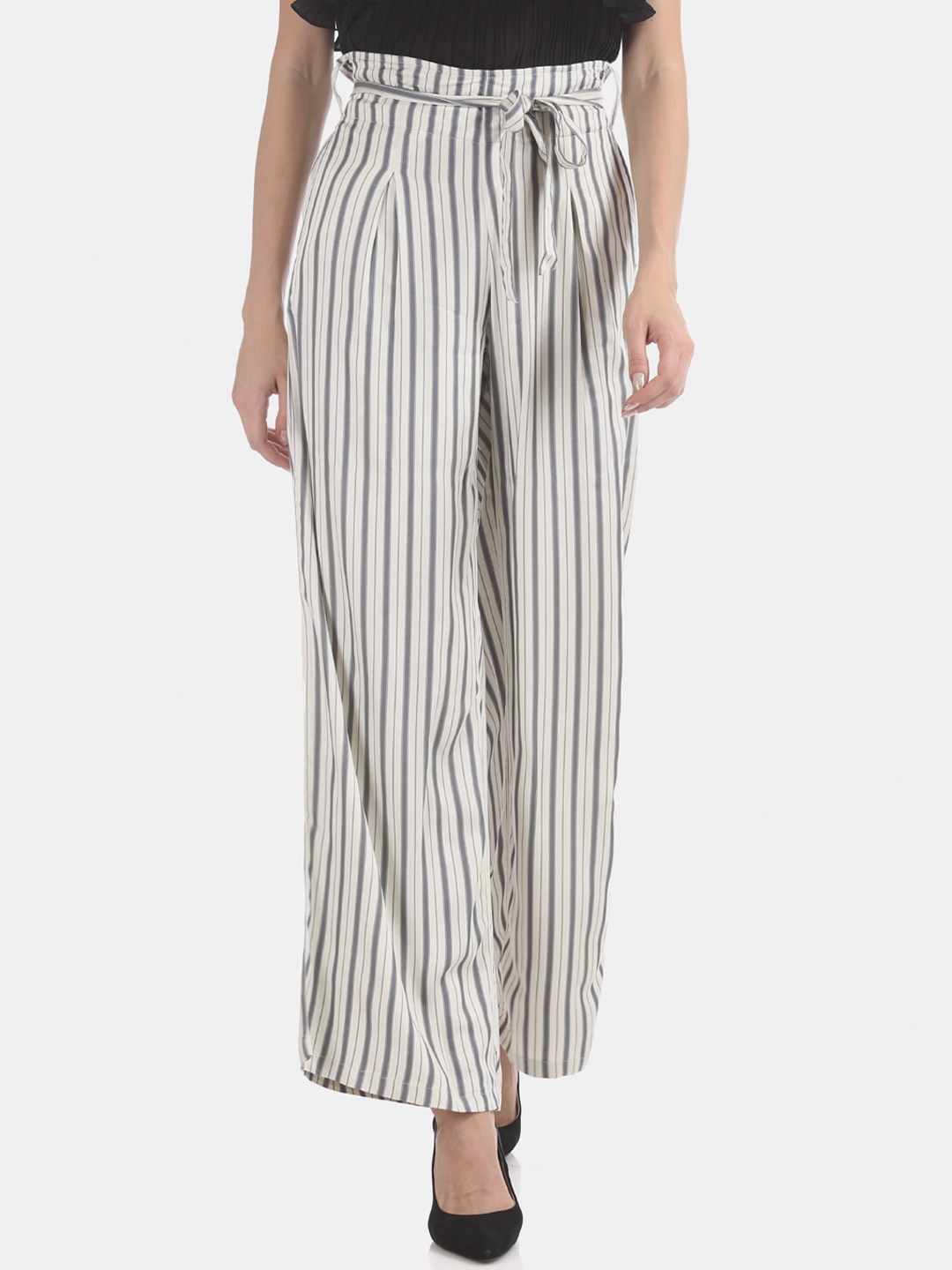 

U.S. Polo Assn. Women White & Grey Regular Fit Striped Peg Trousers