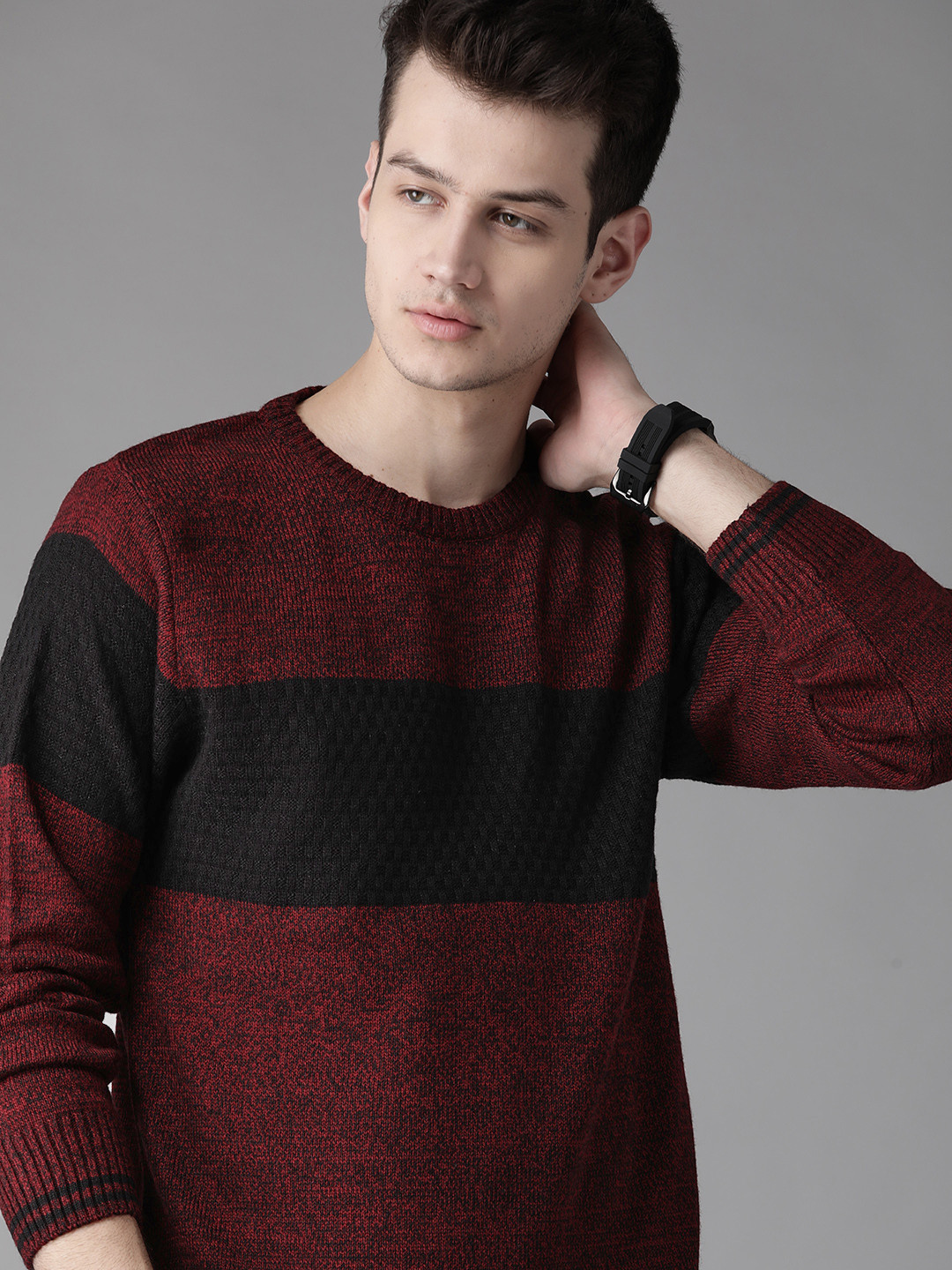 

Roadster Men Maroon Colourblocked Pullover Sweater