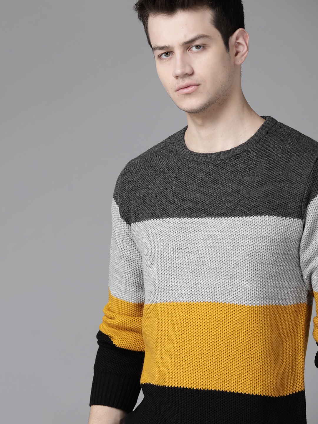 

Roadster Men Grey & Mustard Yellow Colourblocked Pullover