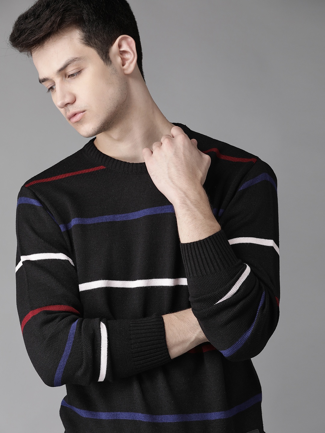 

Roadster Men Black & Blue Striped Pullover Sweater