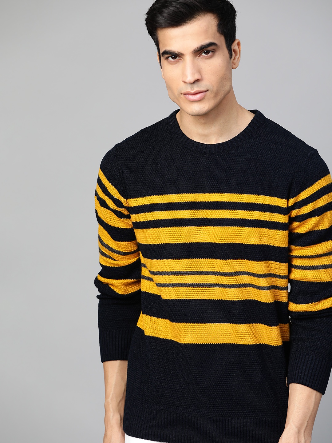 

Roadster Men Navy Blue & Mustard Yellow Striped Pullover