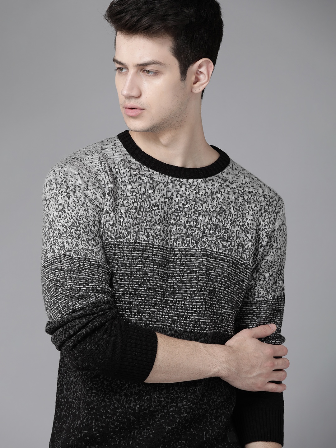 

Roadster Men Grey & Black Self Design Pullover