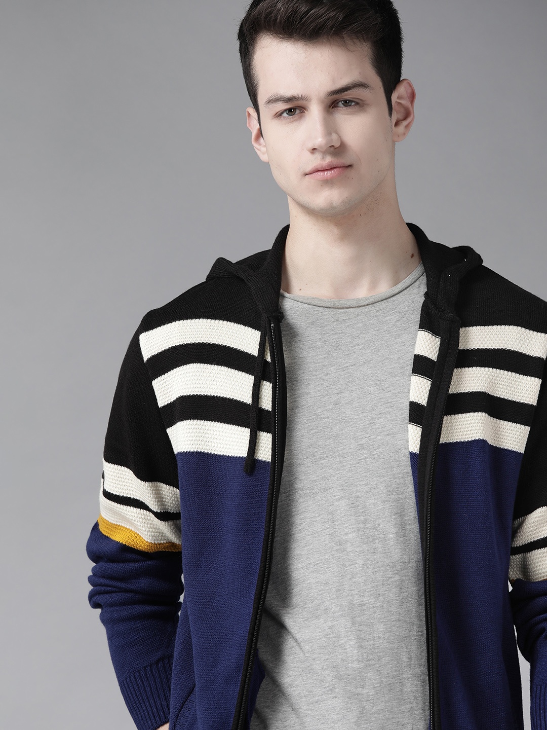 

Roadster Men Navy Blue & Off-White Striped Hooded Cardigan Sweater