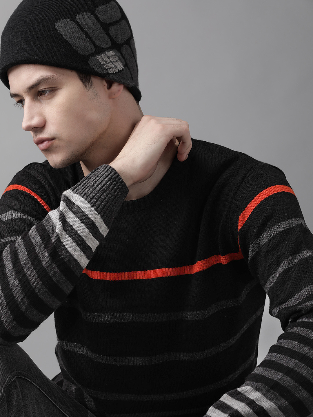 

Roadster Men Black & Charcoal Grey Striped Pullover Sweater