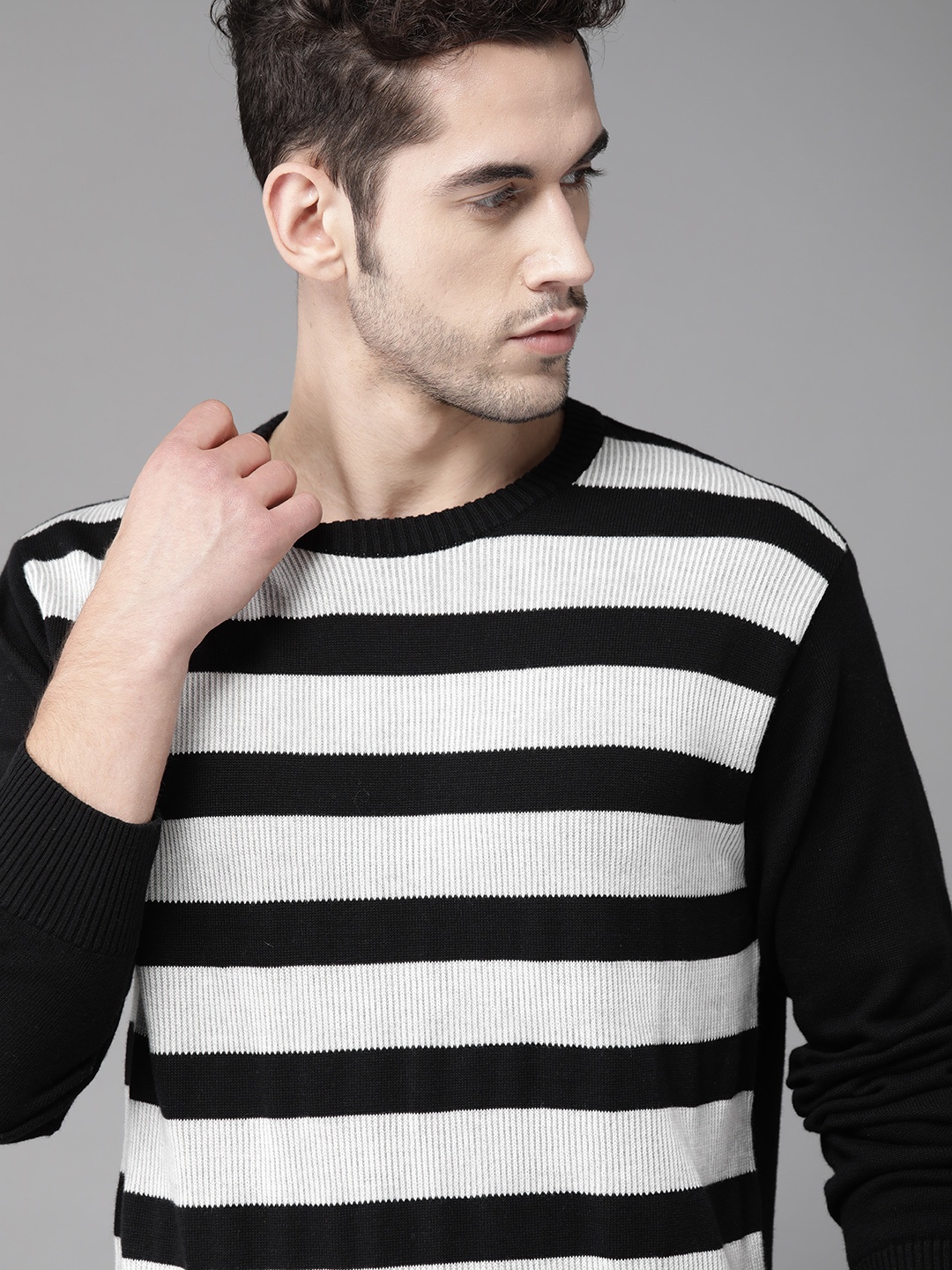 

Roadster Men Black & White Striped Pullover