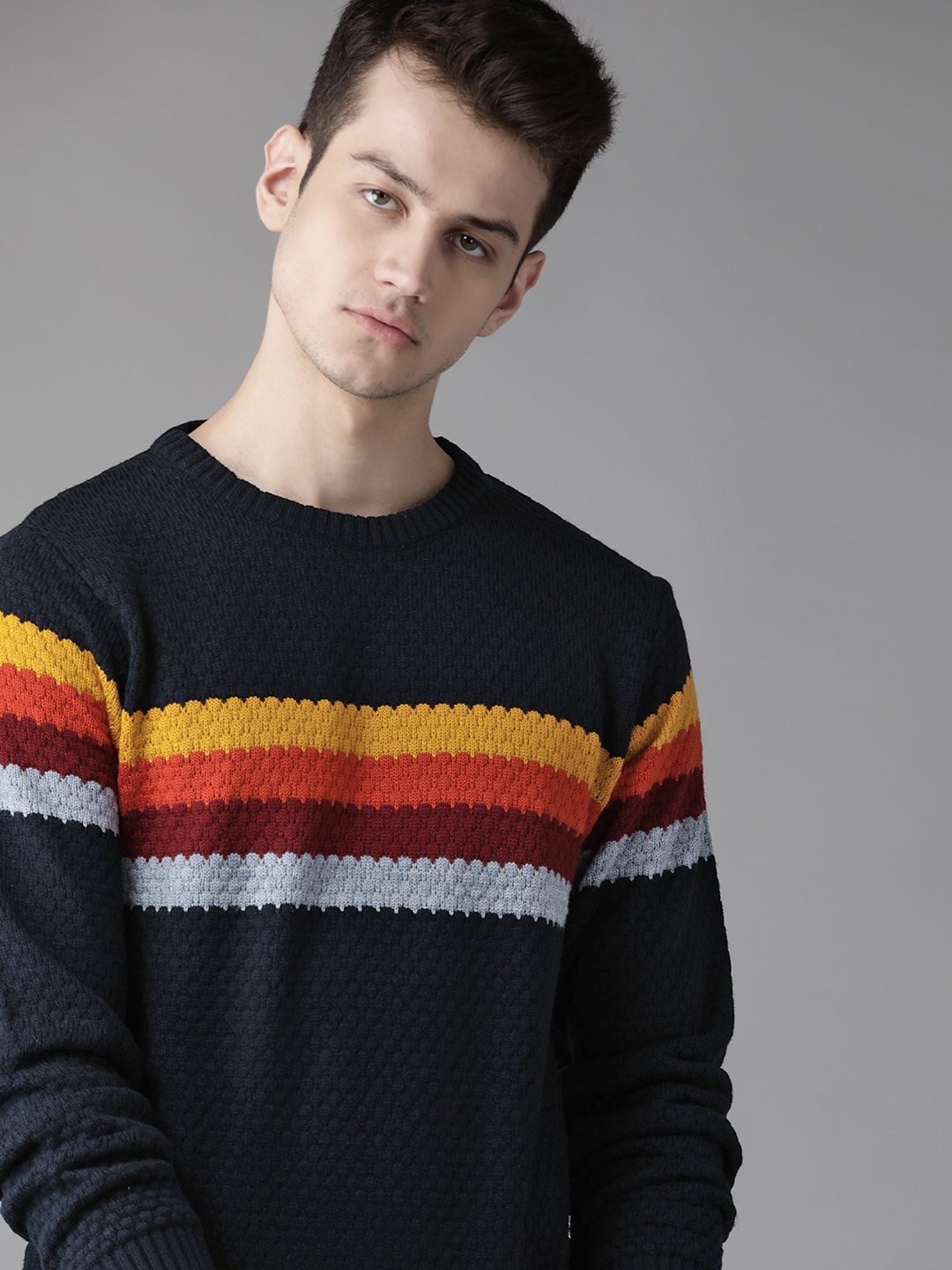 

Roadster Men Navy Blue & Orange Striped Pullover Sweater