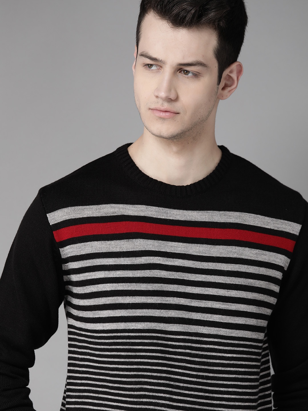 

Roadster Men Black & Grey Melange Striped Acrylic Pullover