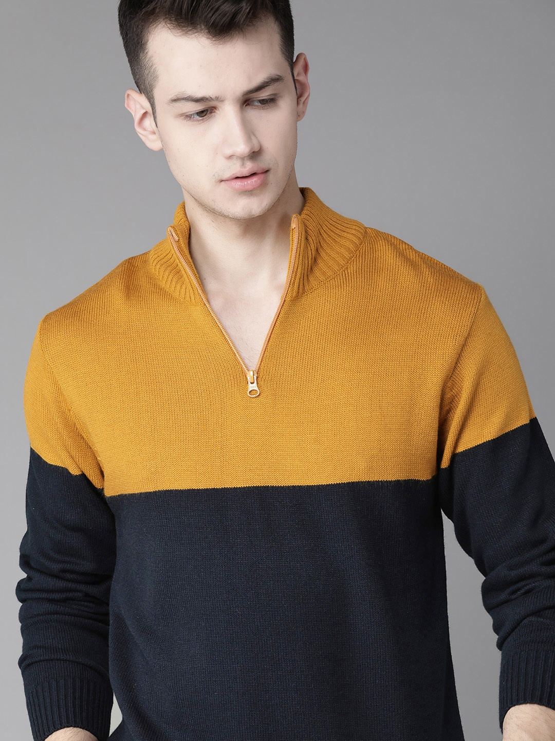 

Roadster Men Navy Blue & Mustard Yellow Colourblocked Acrylic Sweater
