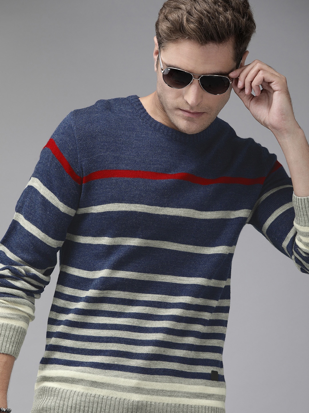 

Roadster Men Navy Blue & Cream-Coloured Striped Pullover Sweater
