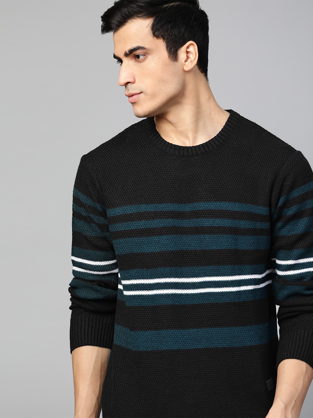 

Roadster Men Black & Teal Blue Striped Pullover Sweater